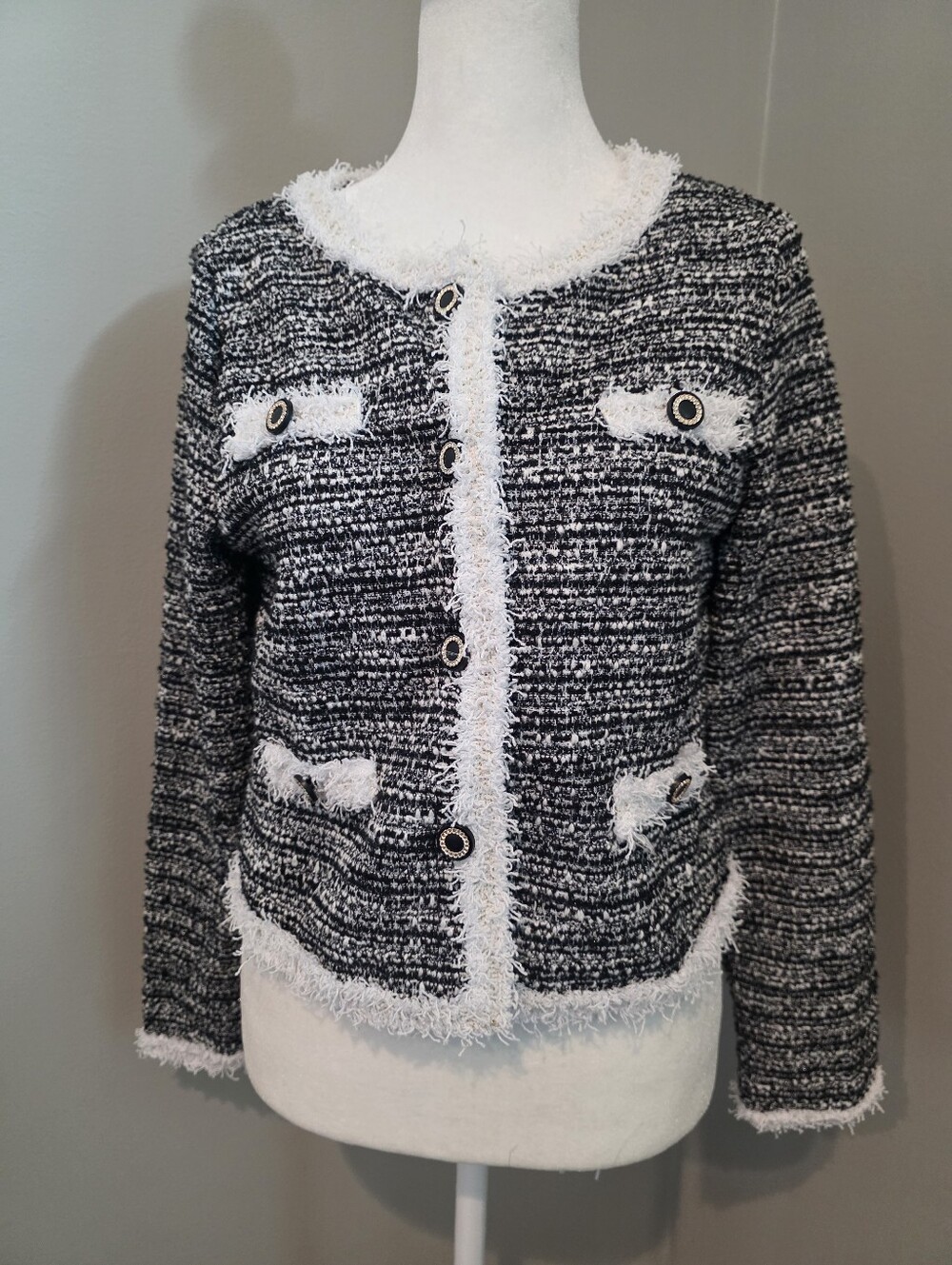 NWOT Korean Black/White Tweed/Boucle Cropped Lightweight Jacket/Cardigan, XS/S